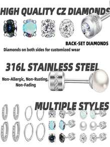 5 件/10 件/21 件/套时尚不锈钢耳钉套装，钛钢水钻高品质耳环套装，适合男女日常佩戴