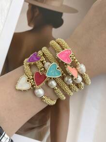 1件创意时尚个性化设计优雅轻盈奢华铜镶嵌锆石不对称水滴心形串珠养殖珍珠手链，适合女性、姐妹、情侣、毕业礼物，也是情人节、日常聚会、节日、圣诞节的理想之选。