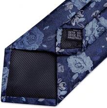 Conjunto de corbata de seda con estampado floral, incluye pinza de corbata, pañuelo y gemelos - Azul marino - Ver 2