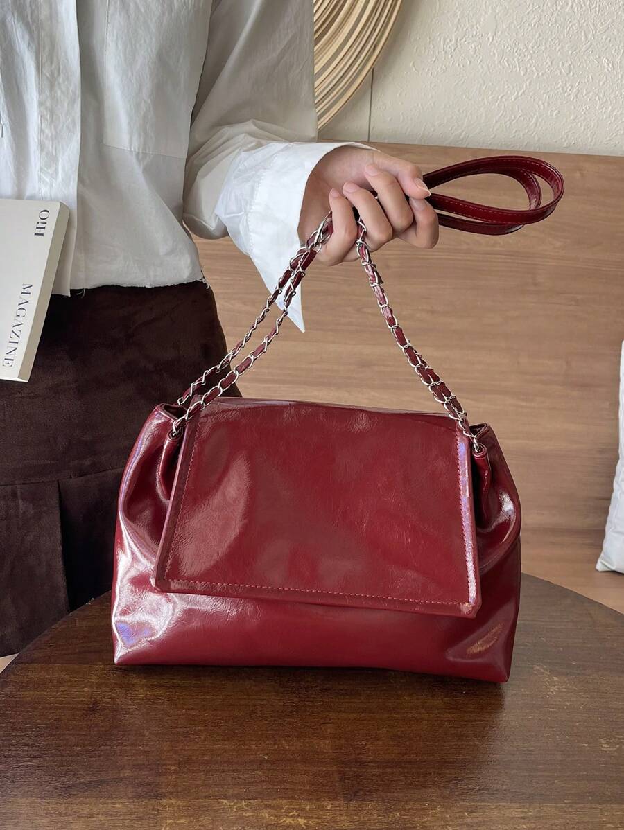 春季新款链条肩带托特包百搭大容量单肩斜挎包翻盖腋下法棍包女通勤包 - 酒紅色 - 查看 1