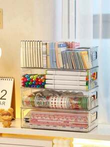 1pc/2pcs Transparent Stackable Storage Box, Large Capacity Desktop Organizer Box, Multi-Functional Storage Box For Storing Cosmetics, Stationery, Notes, Documents And Other Miscellaneous Items, Suitable For Home, School, Office, Back To School Season - Clear - View 3