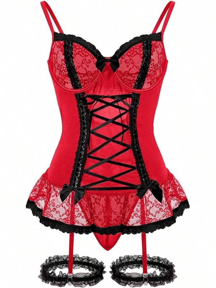Sheer Mesh Corset Lace-Up Garter Belt Babydoll Lingerie Set - 紅黑 - 查看 1