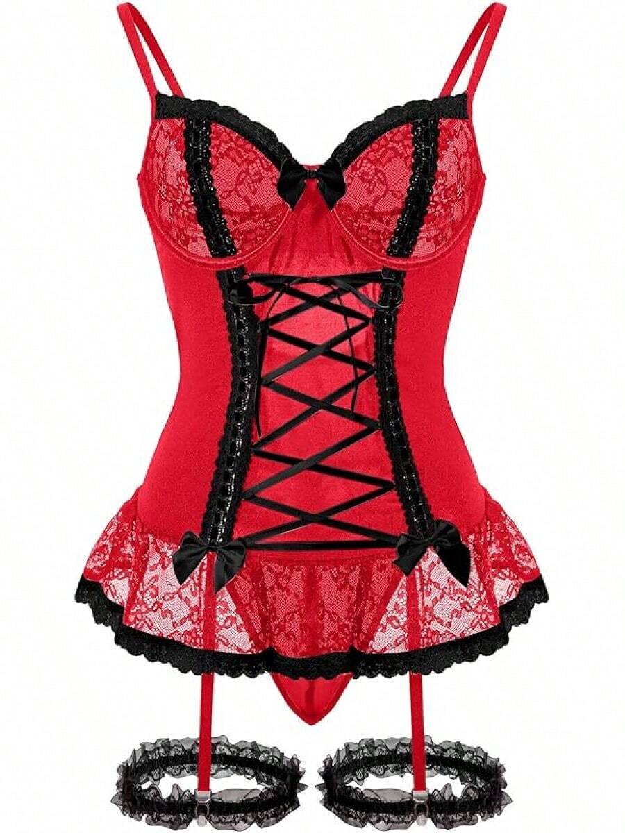Sheer Mesh Corset Lace-Up Garter Belt Babydoll Lingerie Set - Merah Hitam - View 1