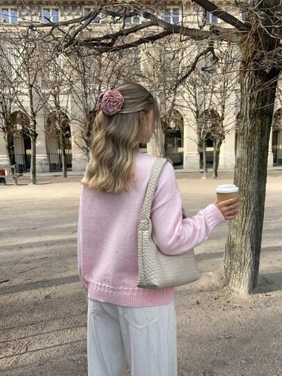 Nueva Primavera/Otoño Jersey de cuello redondo rosa de manga larga, elegante y suave, estilo casual y suelto, apropiado para citas de San Valentín, ir al trabajo y otras ocasiones para mujer