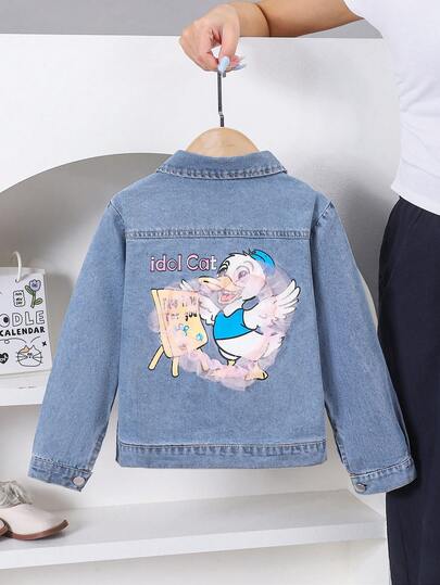 idolCat Young Girls Casual Denim Jacket With Cute Cartoon Duck Print Pink Lace Heart-Shaped For Fall Daily Wear