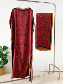 1pc Faux Silk Printed Robe, Shawl & Small Scarf Set, Women Coverup For Beach, Sun Protection, Daily Wear