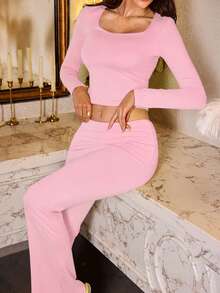 WOWDARK Women's Spring 2-Piece Set, Square Neck Fitted Crop Top And Casual Long Pants, Suitable For Valentine's Day, Dates, Travel, Vacation - Pink - View 7