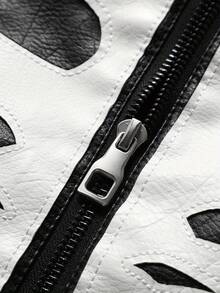 Men's Faux Leather Skull Print Jacket, Zipper Closure Stand Collar Motorcycle Bomber Jacket, Men's Black & White Contrast PU Leather Coat - Black - View 6