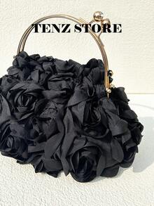 Tas Malam Bunga Mawar Hitam 3D, Tas Tangan Chiffon Bergaya dengan Tali Rantai yang Dapat Dilepas, Muat Ponsel dan Barang-Barang Penting, Cocok untuk Pernikahan, Kencan, Prom, Liburan, Malam Bersama Teman Wanita, Pesta Kelulusan, Gala Musim Semi, Pesta Koktail - Hitam - View 9