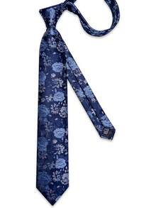 Conjunto de corbata de seda con estampado floral, incluye pinza de corbata, pañuelo y gemelos - Azul marino - Ver 11