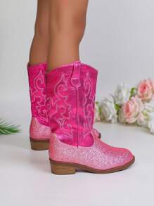 Autumn/Winter New Children's Boots, Embroidered Fashion Western Cowboy Boots, Pointed Toe Chunky Heel Lightweight Stylish Ankle Boots, Suitable For Older Kids Girls Outdoor, Party, Play