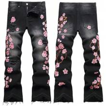 2025 New Men Bootcut Jeans Streetwear Heavy Embroidery Plum Design Stretch Free Denim Pants For Men - 黑色 - 查看 1