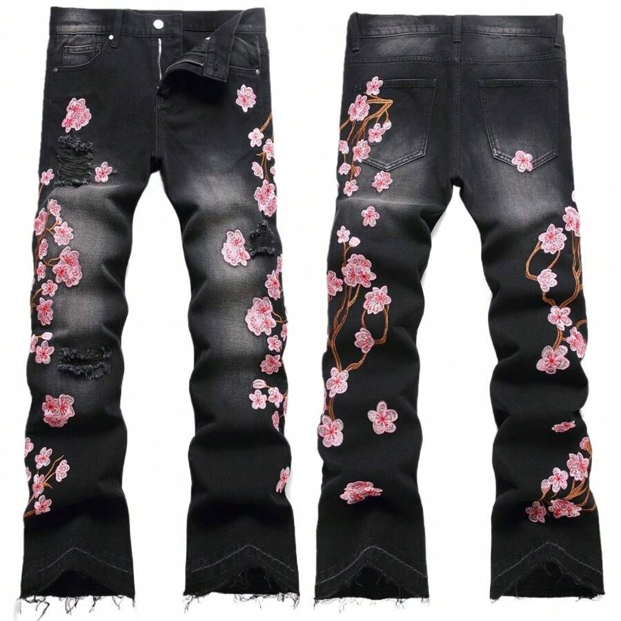 2025 New Men Bootcut Jeans Streetwear Heavy Embroidery Plum Design Stretch Free Denim Pants For Men - 黑色 - 查看 1
