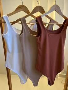 Kit 3 Body Bory Bori Women's Jumpsuit Square Neck Tank Top Thick Strap Winter Colors Suplex Double Layer Basic Travel Party Gift Beach Immediate Shipping Black Beige Brown Gray - 白色/棕色/裸色 - 查看 2