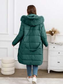 Giolshon Women's Plus Size Minimalist Long Hooded Jacket With Belt And Faux Fur Collar - Suitable For Autumn/Winter - Green - View 8