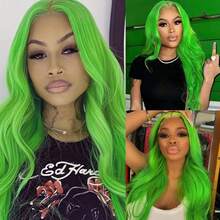 13X4 Free Part Black Green Highlights Body Wave Lace Front Wigs Pre Plucked Soft Long Wavy Hair Wigs Heat Resistant Wave Wigs Glueless Christmas Wig Long Wavy Synthetic Lace Front Wigs For Women Perfect For Daily Wear & Parties - màu xanh lá - Xem 10