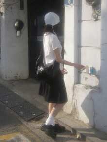 Korean Retro Black Floral Pleated Puffy Mid-Length Casual Versatile Skirt For Women