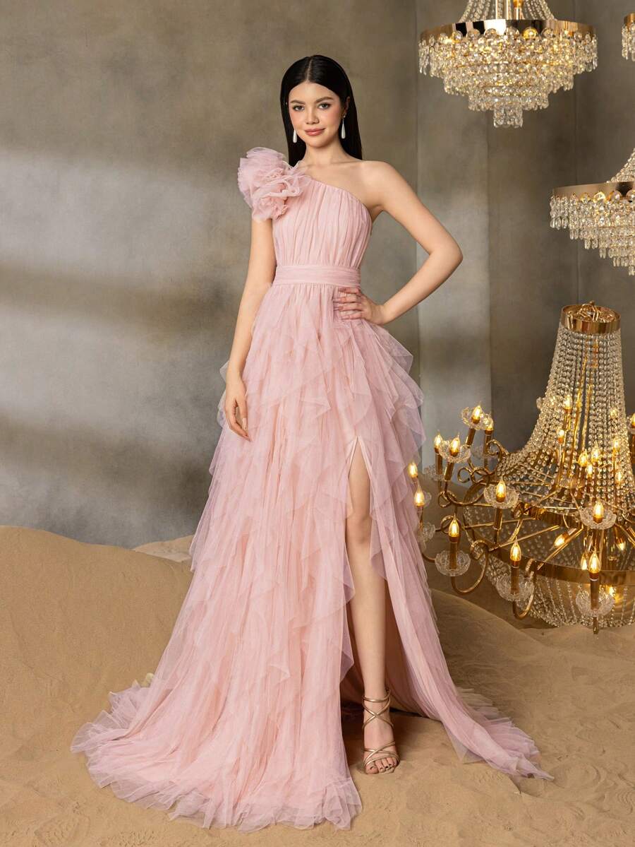 ALISA&LEO Teen Girls' One-Shoulder Evening Gown With Ruffled Tulle Layers & Floral Embellishments - Formal Dress For Graduation Balls, School Events & Youthful Galas - Pink - View 1