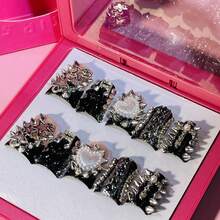 Y2K BEGAVET New 10pcs Duck Nails Handmade Salon Quality Press On Nails Black Punk Nails Exclusive Design 3D Nails With 3D Charms, Suitable For Valentine, New Year Parties/Music Festival And Daily Wear - màu đen - Xem 4