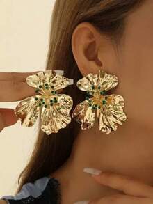 1 Pair Fashionable Exaggerated European & American Metallic Floral Rhinestone Earrings, Elegant Luxury High-End Gold Tone Stud Earrings Suitable For Women's Banquet, Party, Wedding, Holiday Gift - Flower Earrings - View 10