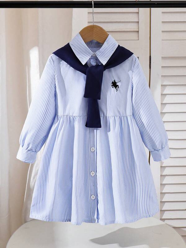 Young Girls Back To School Casual Cute Embroidered Collar Shirt Dress With Blue Shawl, School Opening Outfit