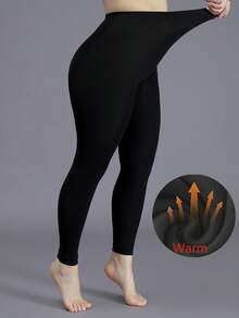 1 件女士保暖内衬紧身打底裤，性感时尚，秋冬季薄款保暖短款紧身裤 - 黑色 - 查看 1