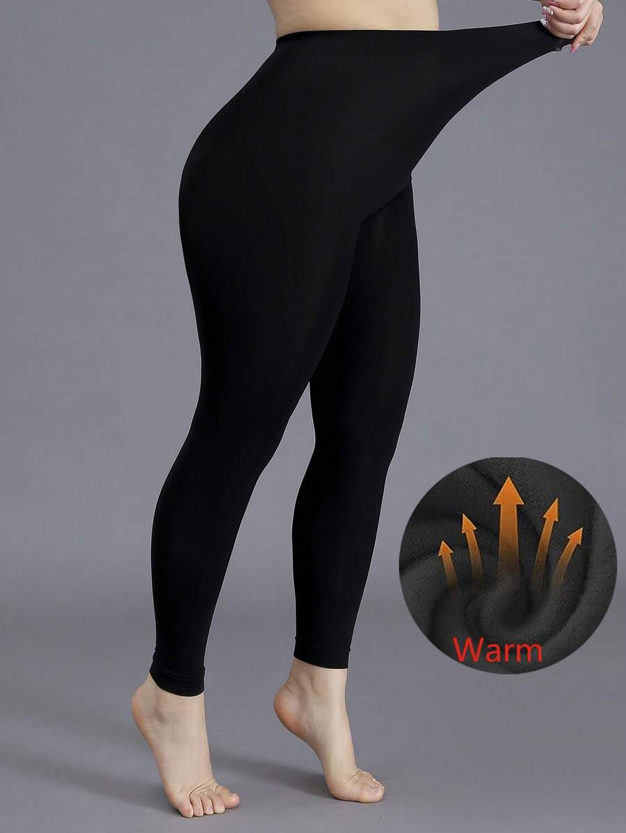 1 件女士保暖内衬紧身打底裤，性感时尚，秋冬季薄款保暖短款紧身裤 - 黑色 - 查看 1