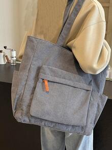 女士简约纯色灯芯绒手提包，大容量休闲户外度假旅行单肩包，轻便多功能购物杂货收纳手提包，便携式多口袋通勤包，适合日常办公 - 灰色 - 查看 3