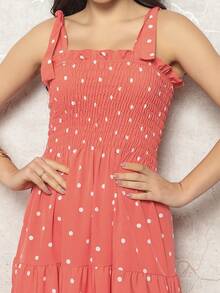 Long Dress With Elastic Straps / Crepe Polka Dot / 94% Polyester, 6% Elastane - 珊瑚橙 - 查看 6