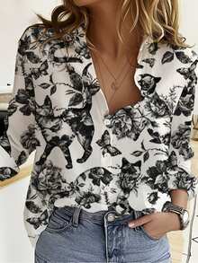 قميص أنثوي أنيق بطبعات زهور وقطط، أحادي الصدر وأكمام طويلة