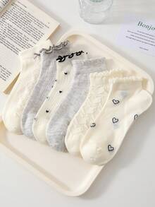 4 双黑白女士荷叶边甜美休闲洛丽塔芭蕾风格踝袜，图案：心形、蝴蝶结，优雅短袜，适合所有季节，随机发货 - 白色 - 查看 7