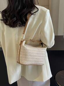 Mini Simple Handbag With Lock Detail, Woven Grass Braided Tote Bag, Versatile Contrast Color Small Handbag For Women, Shoulder Messenger Bag For Beach Or Daily Use