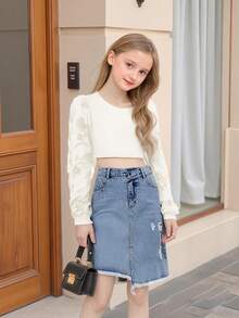 1pc Girls' Fashionable Vintage Distressed Denim Mini Skirt, Versatile For Autumn/Winter - Medium Wash - View 3