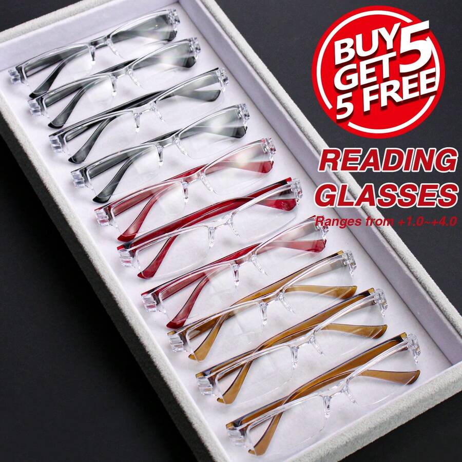 10pcs Classic Small Frame Reading Glasses Value Pack, Fashion High-Definition Transparent PC Lenses, Colorful Temples, Lightweight Classic Frame, Simple & Comfortable For Men & Women, Daily Work & Reading - 4 Black + 3 Brown + 3 Red - View 1