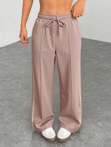 Pantalón Holgado Recto Deportivo Rayas en Costados Pierna Ancha Para Mujer Con Jareta De Dama - Rosa vieja - Ver 3