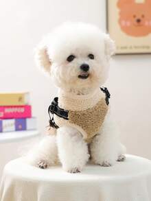PETCIRCLE 1件宠物衣服，狗狗猫咪服装，小型犬幼犬可爱快乐狗狗猫咪套装，小型犬秋冬保暖舒适抓绒拼接胸背带 - 咖啡白 - 彩色 - 查看 4