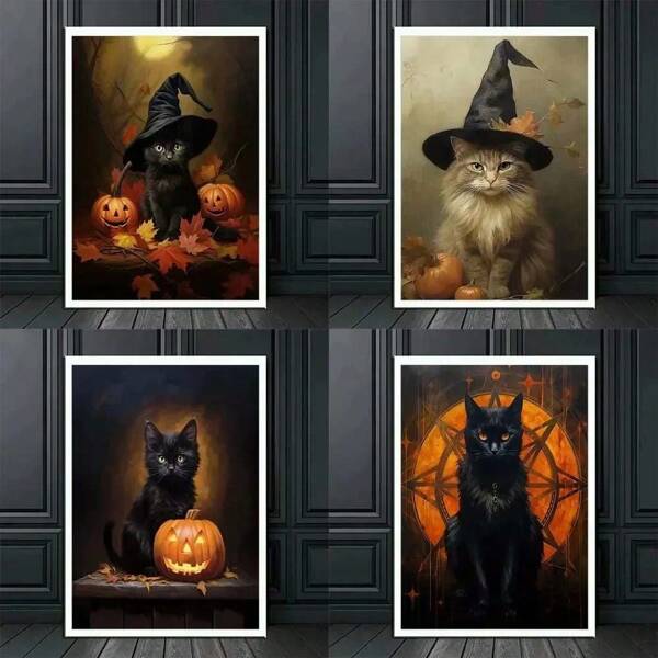 1/3PCS Wall Arts Posters Optional Frame Halloween Black Cat Vintage Posters Art Print Canvas Halloween Cute Horror Wall Art Pictures For Living Room Home Decor Halloween Decor Room Decor