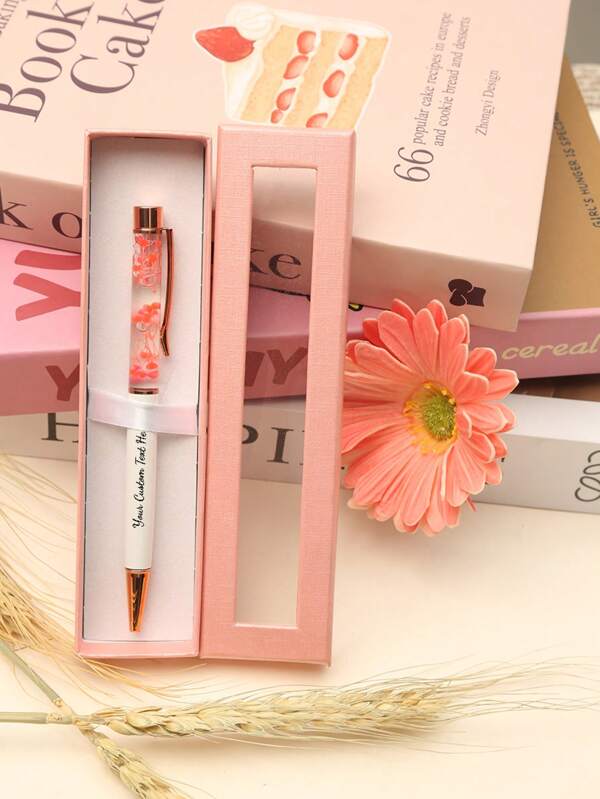 1pc Pink Liquid Flower Customized Engraved Black Ink Metal Ballpoint Pen, Suitable For Engraving Names, Ideal For Valentine's Day, Halloween, Christmas, Corporate Customization, Student Name Engraving, Holiday Small Gifts,For School Supplies,Back To School,Multi-Functional,Ornamental,Reusable,Modern,Colorful,Cute,Vintage,Cartoon,Kawaii,Custom,Personalized,Unique,Customized,Workers,Clients,Students,For Business/Work/Office,For School,Pens & Refills