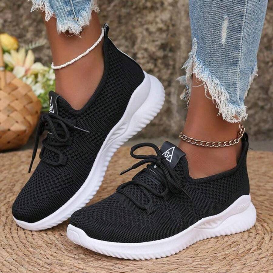 Women'S Breathable Knitted Sports Shoes - Lightweight And Comfortable Low - Top Running Shoes, Soft - Soled Shoes Suitable For Wearing All Year Round - 黑色 - 查看 1