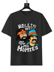 Cotton T Shirt,Short Sleeve Funny Graphic Top, Funny Rollin' With My Homies Men's  Short Sleeve Top, Men's 180g Combed Cotton Summer T-Shirt ,Vintage T Shirts ,Funny Graphic Tee,Graphic Tee - 黑色 - 查看 4