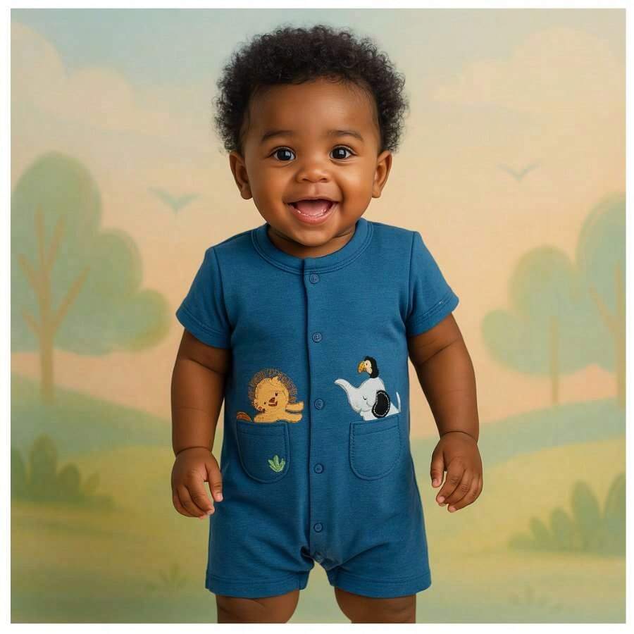 Espevitados Short Baby Blue Jumpsuit Embroidered With Lion And Elephant
