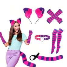 5pcs Cat, Wolf, Fox Tail Headband, Elastic Striped Gloves, Striped Thigh High Socks, Contrast Color Collar, Costume Set Suitable For Party Cosplay - Pink Purple Stripes - View 3