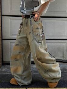 1pc Vintage American Design Mud Dye Wash Patchwork Handpainted Barrel Leg Jeans (Product Does Not Include Belt And Accessories) - Yellow - View 3