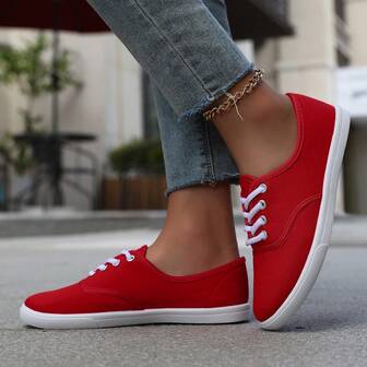 女士纯色帆布平底鞋，圆头系带透气防滑鞋，女士经典帆布平底鞋，纯色系带低帮休闲鞋，女士舒适鞋履