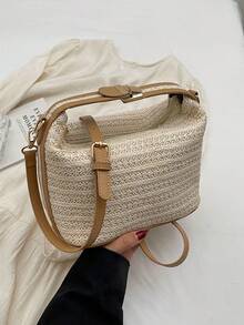Mini Simple Handbag With Lock Detail, Woven Grass Braided Tote Bag, Versatile Contrast Color Small Handbag For Women, Shoulder Messenger Bag For Beach Or Daily Use