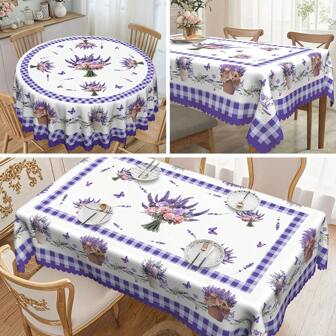 1pc Spring/Summer Romantic Purple Lavender Pattern Round Tablecloth, French Elegant Plaid Floral & Butterfly Print Rectangular Table Runner, Suitable For Home Kitchen Dining Room Indoor/Outdoor Use, Perfect For Valentine's Day, Mother's Day, Wedding, Anniversary
