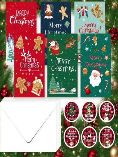 Un set de tarjetas de Navidad con sobres y pegatinas, que incluye 6 tarjetas de Navidad, 6 sobres y 6 pegatinas, con 6 diseños diferentes. Se puede utilizar para enviar cálidos saludos y deseos navideños a maestros, amigos, colegas y familiares. Es adecuado para bendiciones navideñas, fiestas navideñas, reuniones familiares y celebraciones, y cartas de agradecimiento.