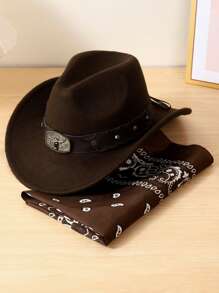 1 Set Unisex Cowboy Hat With Bull Horn Decor + 1 Cashew Pattern Scarf Fashion Outfit, Suitable For Horse Riding, Rodeo, Music Festivals, Bars, Gifts And Daily Use