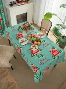 1 pièce Nappe de table de Noël avec imprimé de maison rouge et flocons de neige, convient pour la décoration de fête familiale de vacances de Noël, couverture de table de cuisine et de salle à manger, décoration de meuble TV