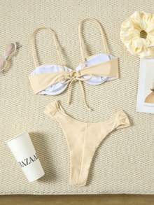 New Euro-American Style Solid Color Vacation Bikini Set Beach Summer - Apricot - View 2